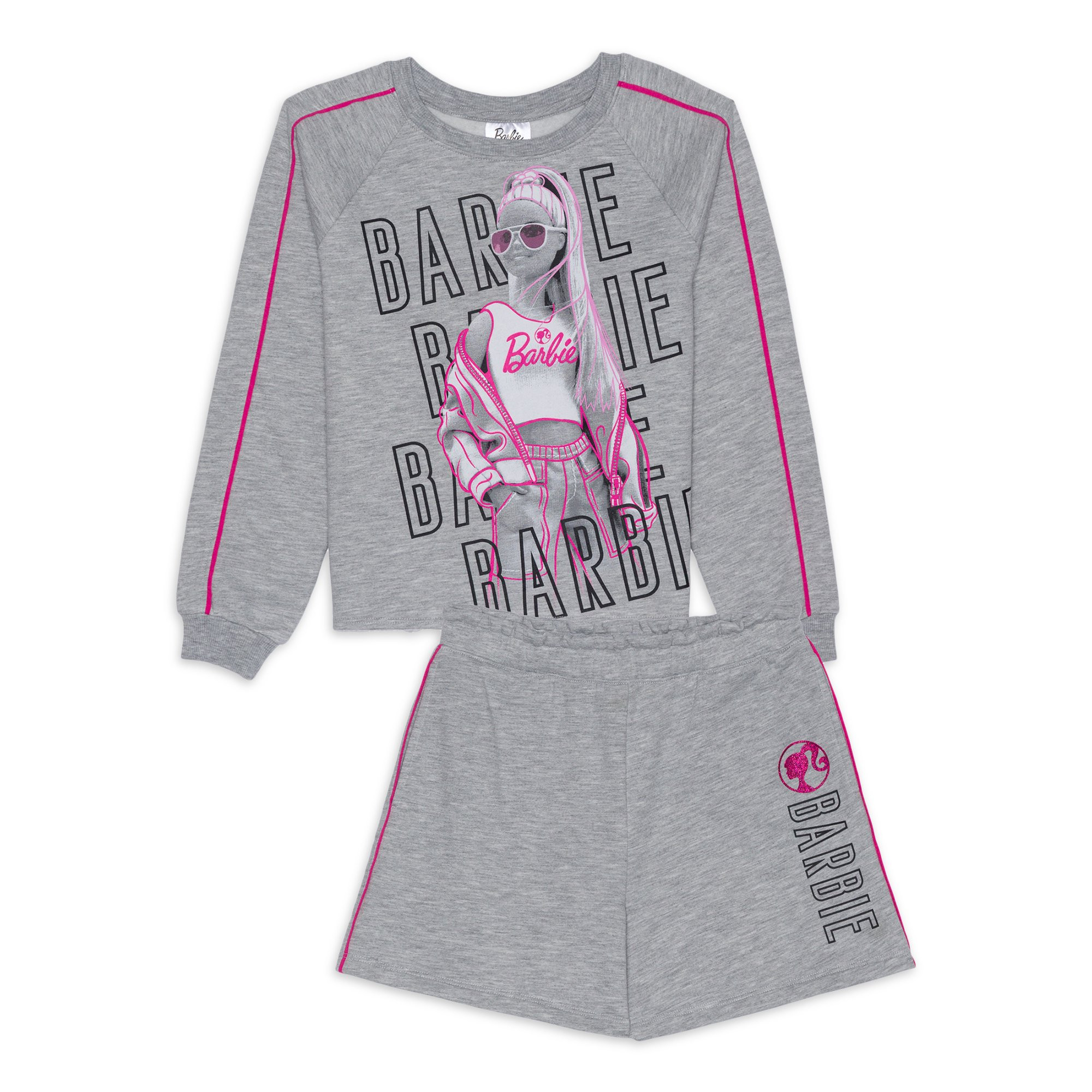 Girls Barbie Long Sleeve Fleece Sweatshirt & Short 2-Piece Outfit Set, Sizes 4-18 | Walmart (US)