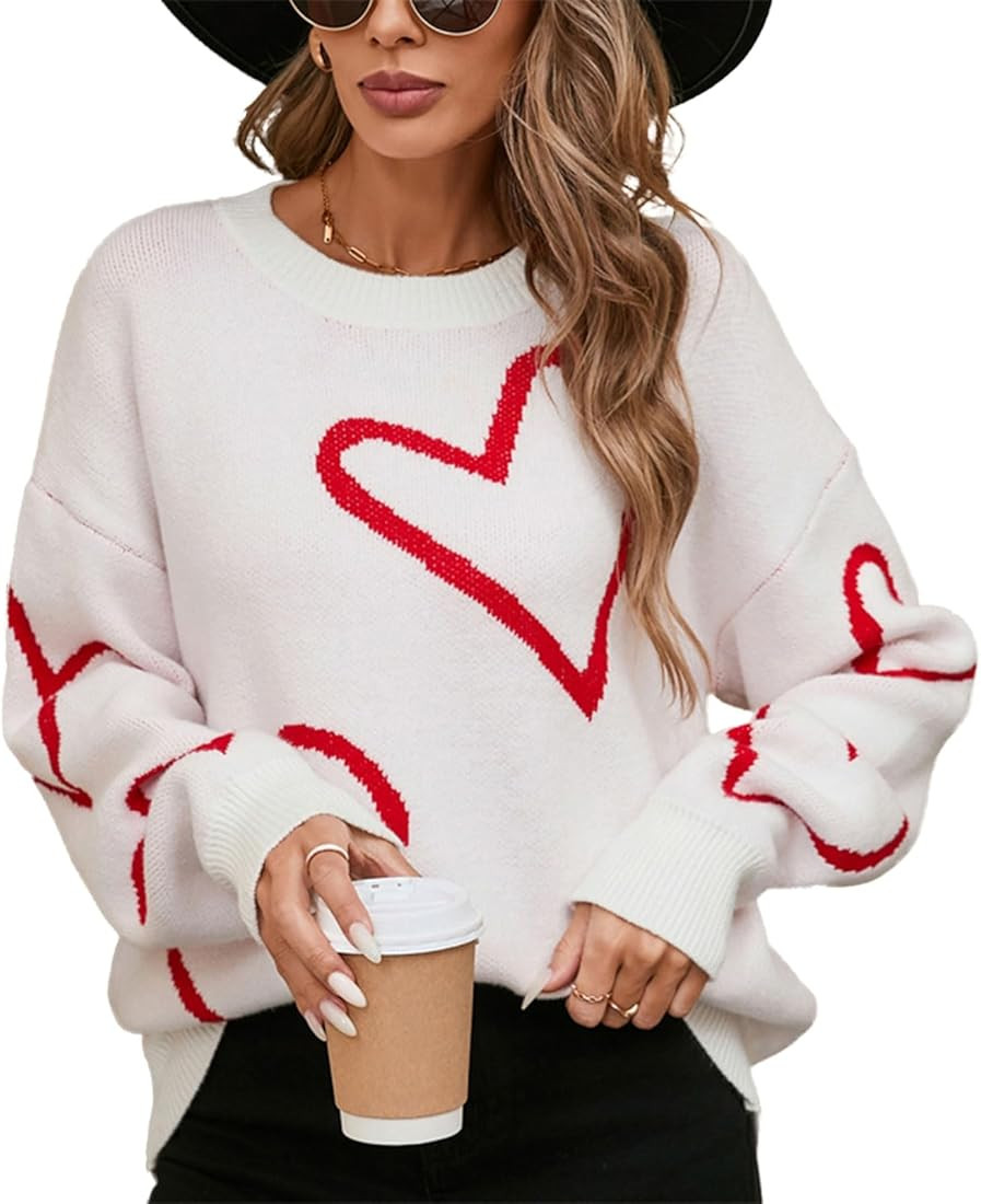 Women Heart Sweaters Long Sleeve Loose Fit Pullover Tops Valentines Day Knit Sweater for Teen Gir... | Amazon (US)