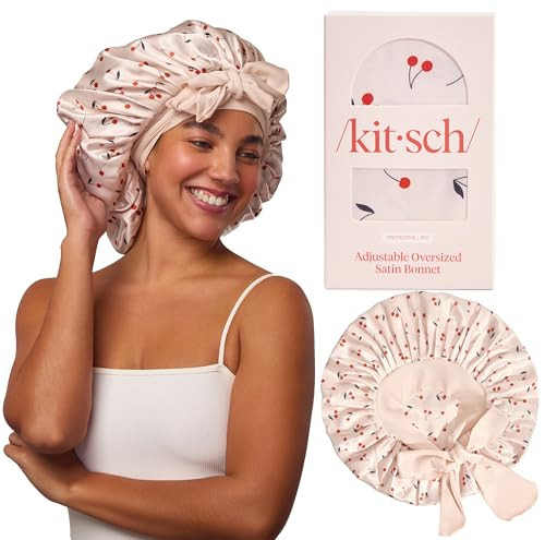 Kitsch XL Satin Bonnet for Sleeping - Softer Than Silk Bonnet For Sleeping Women - Secure Fit, Adjustable, Night Cap For Curly & Textured Hair - Prevents Breakage, Tangles & Thinning - Cherry Print | Amazon (US)