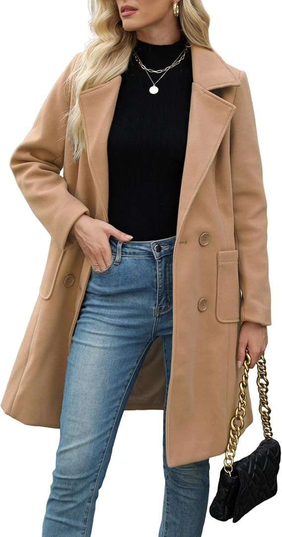 Bankeng Women Winter Wool Blend Camel Mid-Long Coat Notch Double-Breasted Lapel Jacket Outwear | Amazon (US)