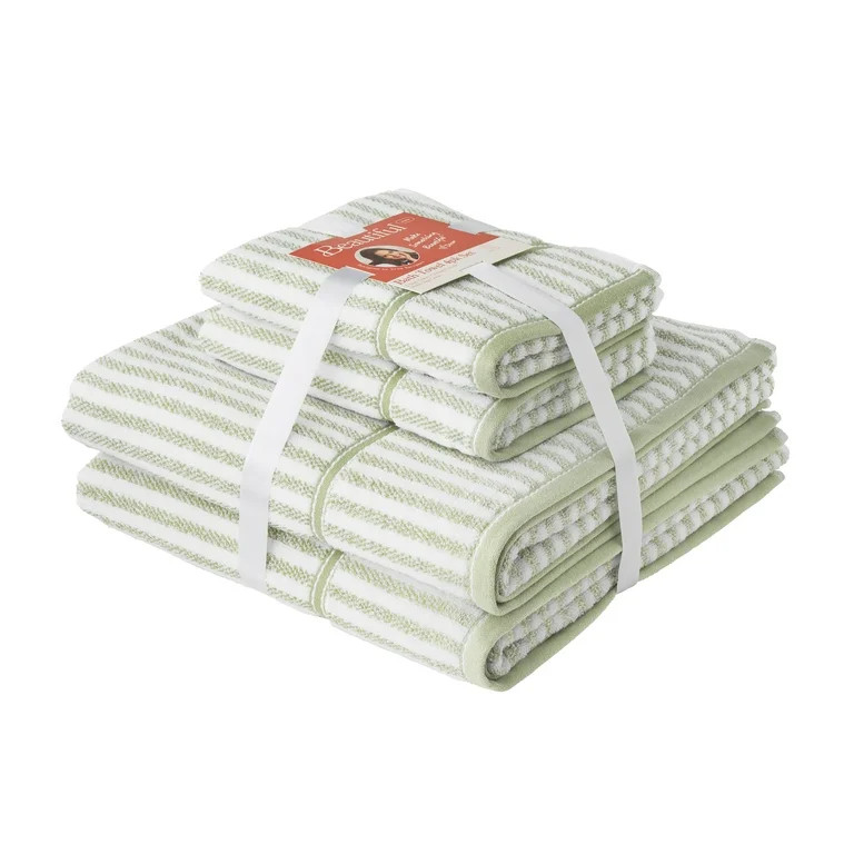 Beautiful by Drew Barrymore 4-Piece Stripe Towel Set, Soft 100% Cotton, Sage Green | Walmart (US)