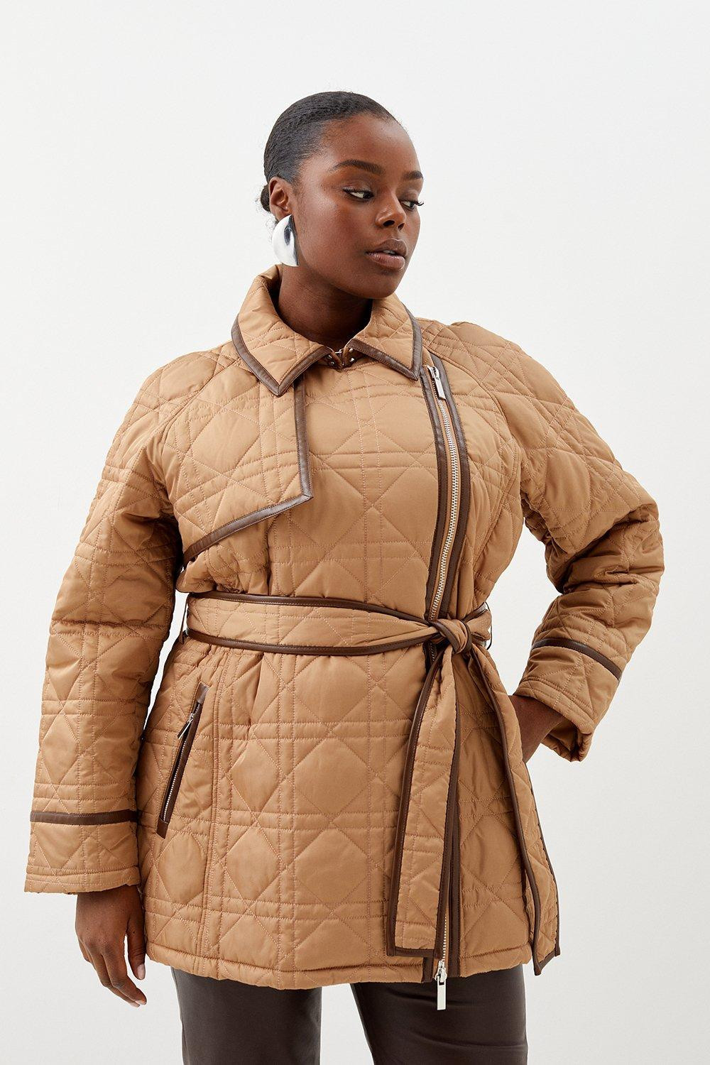 Plus Size Diamond Quilt Contrast Binding Short Trench Coat | Karen Millen US