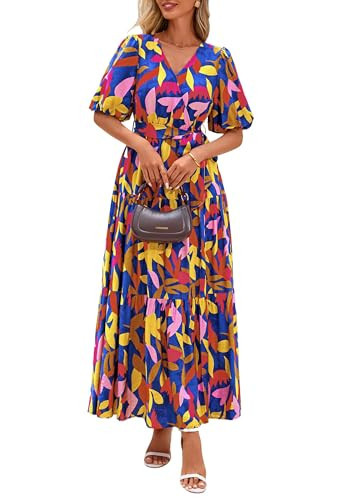 PRETTYGARDEN Women's Summer Maxi Dress 2026 Resort Wear Boho Floral V Neck Puff Short Sleeve Ruffle Flowy Beach Long Dresses(Dark Blue Multi Floral,X-Large) | Amazon (US)