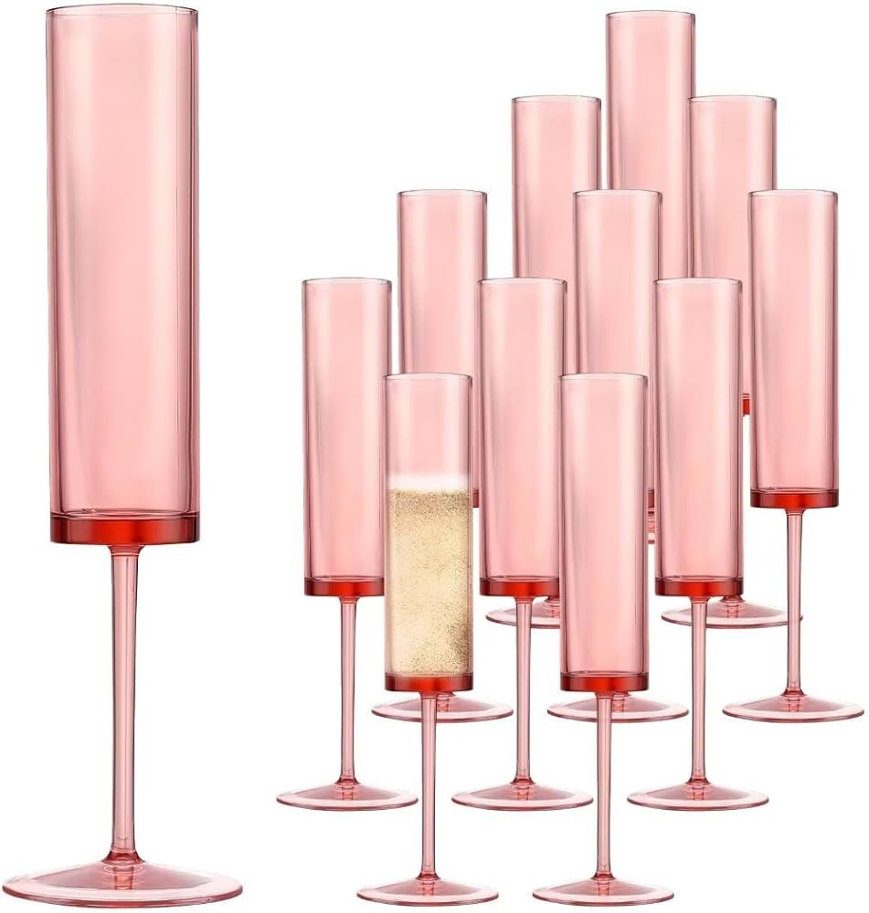 12 Pieces Pink Champagne Flutes 6 OZ Acrylic Reusable Wedding Toasting Glasses Stemmed Coupes Squ... | Amazon (US)