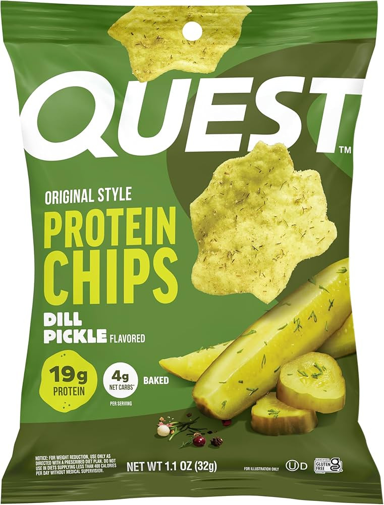 Quest Nutrition Dill Pickle Flavored Protein Chips, 19g Protein, 4g Net Carbs, Protein Snacks, Gl... | Amazon (US)