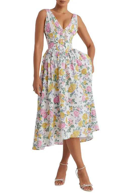 HOUSE OF CB Emmelina Floral Cotton Blend Dress in Yellow Flower Print at Nordstrom, Size Large A | Nordstrom