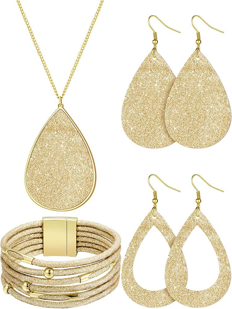 4 Pieces Women's Glitter Jewelry Set Bridal Wedding Multi-Layer Bracelet Faux Leather Dangle Earr... | Amazon (US)
