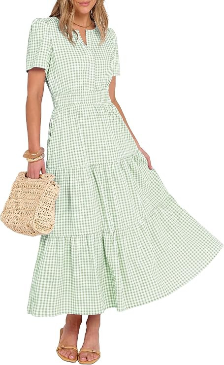 Caracilia Women's Summer Short Sleeve V-Neck Maxi Dress, Gingham & Striped Fabric, Casual A-Line ... | Amazon (US)