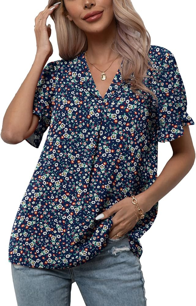 LILBETTER Women's Chiffon Casual V Neck Short Sleeve Tunics Tops Blouses Summer Office Work Shirt... | Amazon (US)