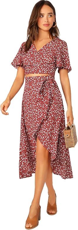 SheIn Women's Floral Flutter Short Sleeve Crop Top & Flounce Hem Wrap Skirt Set | Amazon (US)