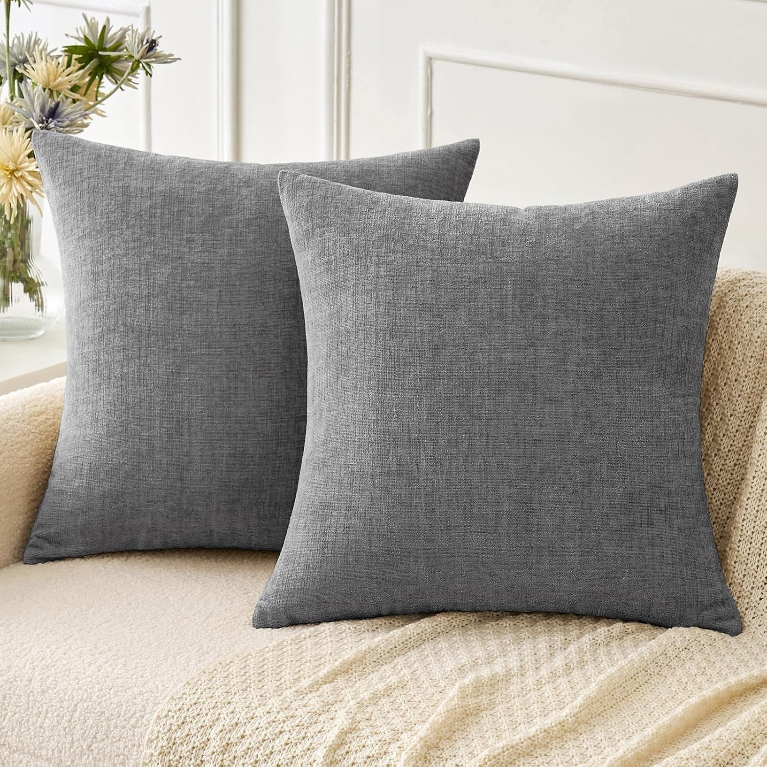 MIULEE Soft Chenille Throw Pillow Covers Dark Gray 18x18 Inch Pack of 2 | Amazon (US)
