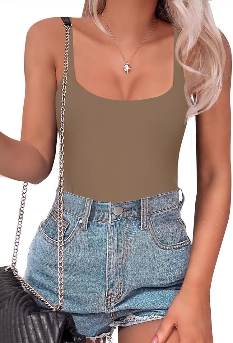 SAUNGKUAI Women's Super Soft Bodysuit Second-skin Feel Square Neck Sleeveless Backless Thong Tank... | Amazon (US)