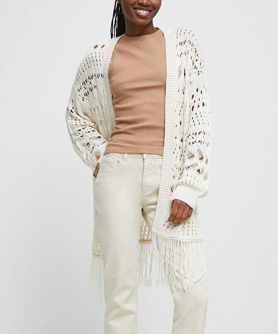 Beige Open-Knit Fringe-Hem Open Cardigan - Women | Zulily