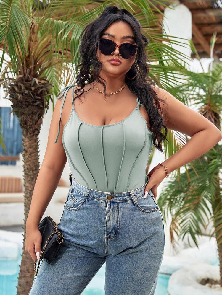 Plus Seam Detail Tie Shoulder Cami Bodysuit | SHEIN