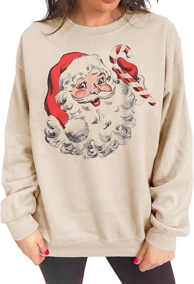 Women Christmas Sweatshirt Retro Santa Claus Graphic Pullover Crewneck Long Sleeve Casual Shirt X... | Amazon (US)