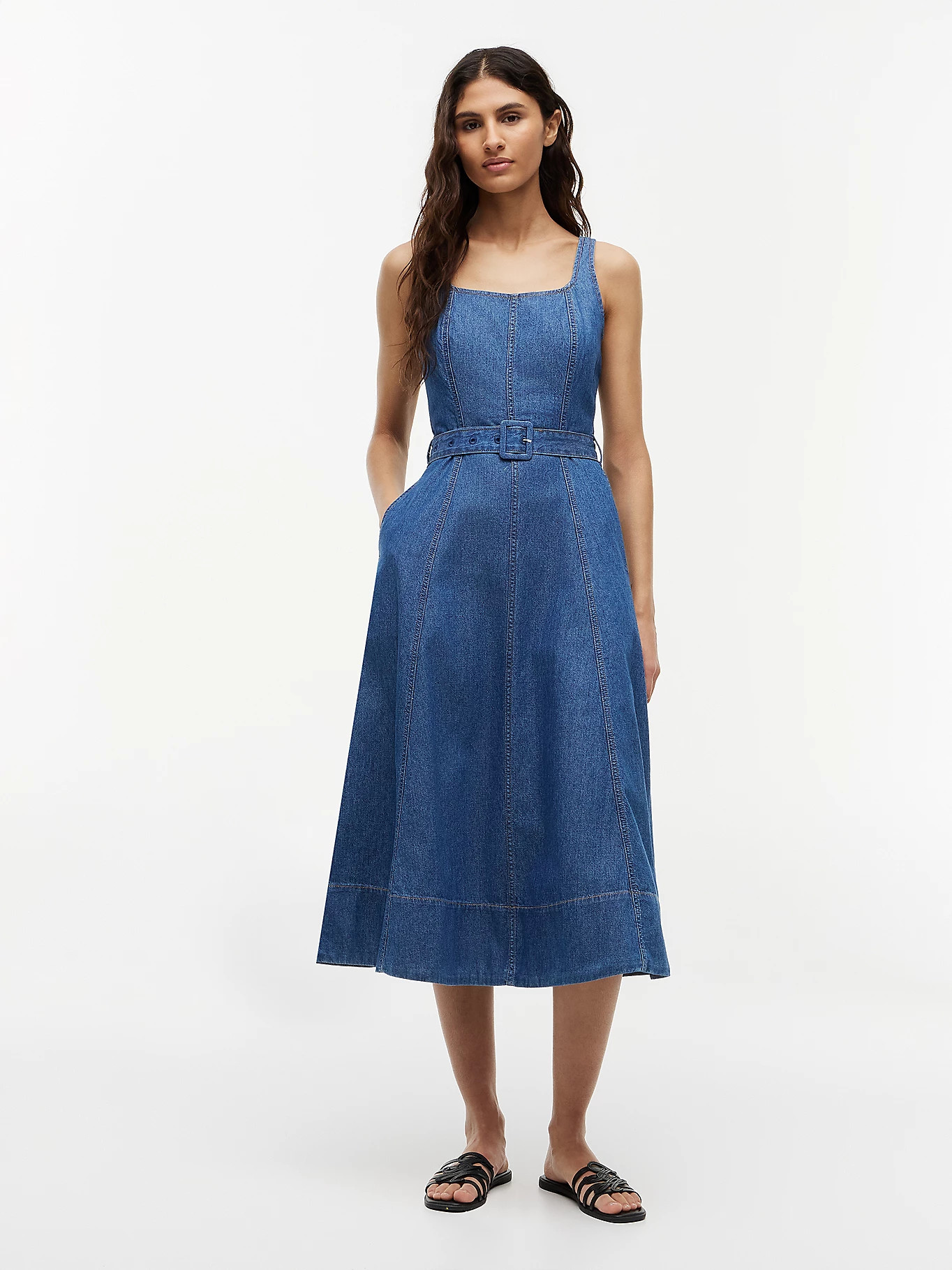 Belted Denim Fit And Flare Midi Dress | Blue | Tommy Hilfiger | Tommy Hilfiger UK