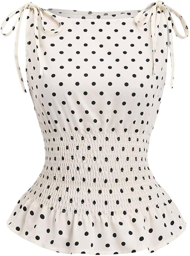 GORGLITTER Women's Polka Dots Boat Neck Tank Top Ruffle Tie Shoulder Smocked Going Out Y2k VestTo... | Amazon (US)