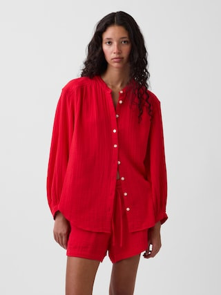Cotton Gauze Oversized Collarless Shirt | Gap (US)