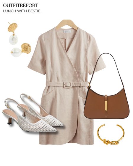 Beige neutral mini dress demellier brown handbag white sling back heels gold bracelet and earrings 

#LTKstyletip #LTKbag #LTKshoes