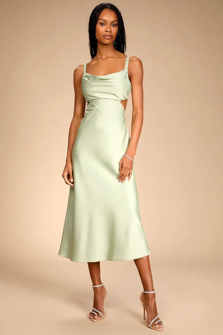 Stun to Remember Sage Green Satin Cowl Neck Cutout Midi Dress | Lulus