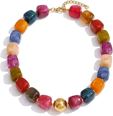 Mchic Colorful Beaded Choker Necklace for Women: Boho Large Square Acrylic Beaded Necklace Stainl... | Amazon (US)