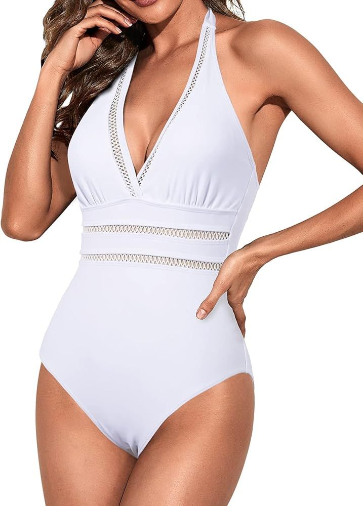 Tempt Me Women Halter Plunge V Neck One Piece Swimsuits Sexy Mesh Hollow Out Monokini Bathing Suits | Amazon (US)