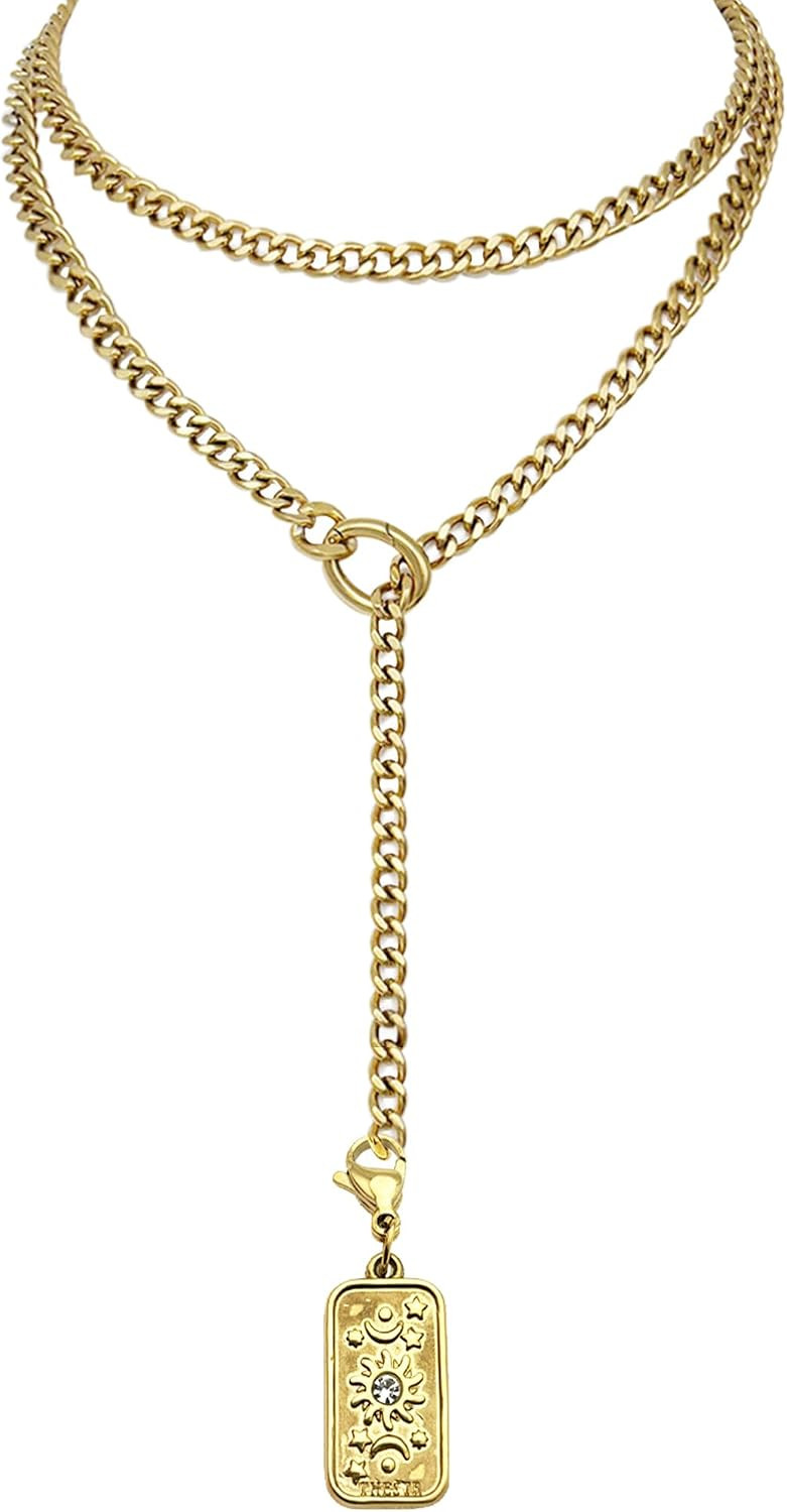 Celestial Sun-Moon-Star Slip Chain Necklace – 27″ Long Stainless Steel / 18K Gold Plated Y Lariat with Rectangular Tag Pendant, Meaningful Gift for Her | Amazon (US)