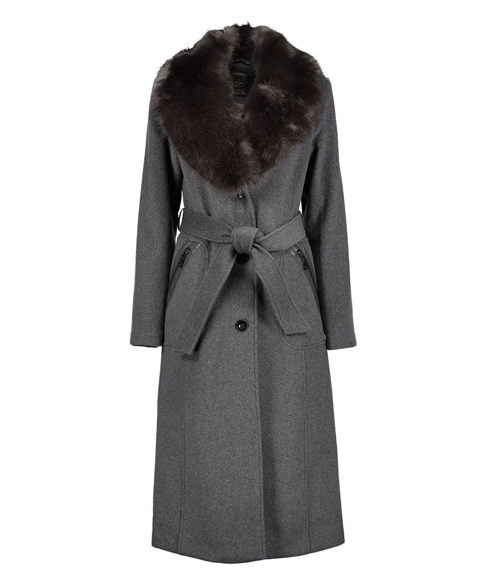 Vince Camuto Women's Overcoats Medium - Medium Gray Faux Fur-Collar Wool-Blend Trench Coat - Women | Zulily