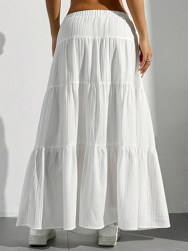 DERAX Women's Boho Flowy White Maxi Skirt Flared Ruffle Elastic Waist Summer A Line 2026 Spring L... | Amazon (US)