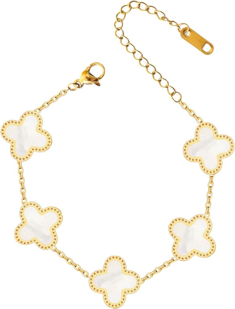 Four Leaf Clover Bracelet for Women 18K Gold Plated Stainless Steel Lucky 4 Leaf Link Bracelet Wr... | Amazon (US)