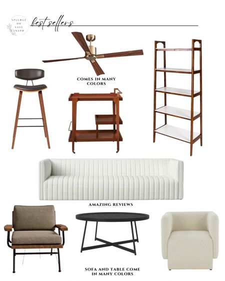Modern sofa white. Wooden bar cart modern. Modern accent chair boucle.  Modern fan wood and brass.  Tall shelving unit modern. Round coffee table black. Leather counter stool black. Rustic accent chair gray. 

#LTKFind #LTKsalealert #LTKhome
