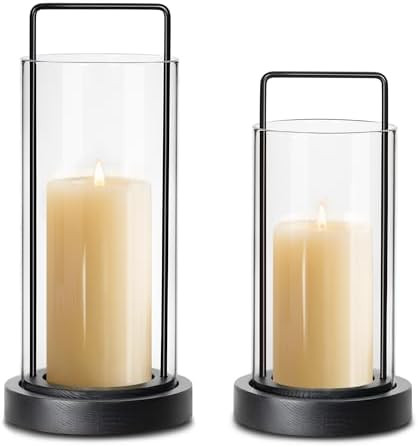 Modern Black Metal & Wood Hurricane Candle Holder Set of 2 Boho Farmhouse Glass Lantern for Table... | Amazon (US)