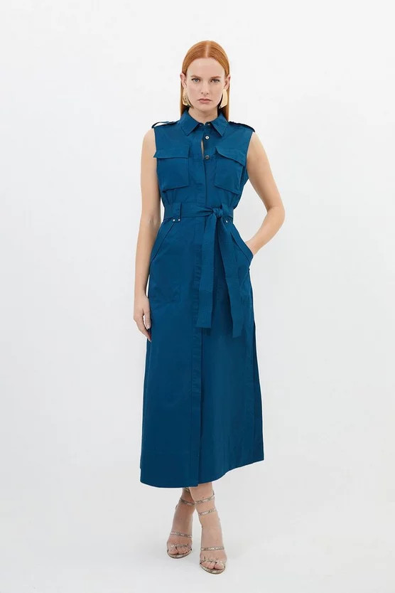 Cotton Sateen Pocket Detail Woven Maxi Shirt Dress | Karen Millen UK + IE + DE + NL