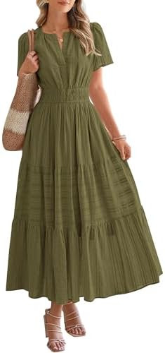 BTFBM Womens Summer 2025 Casual Midi Maxi Dresses Lightweight Short Sleeve V Neck Elastic Waist B... | Amazon (US)