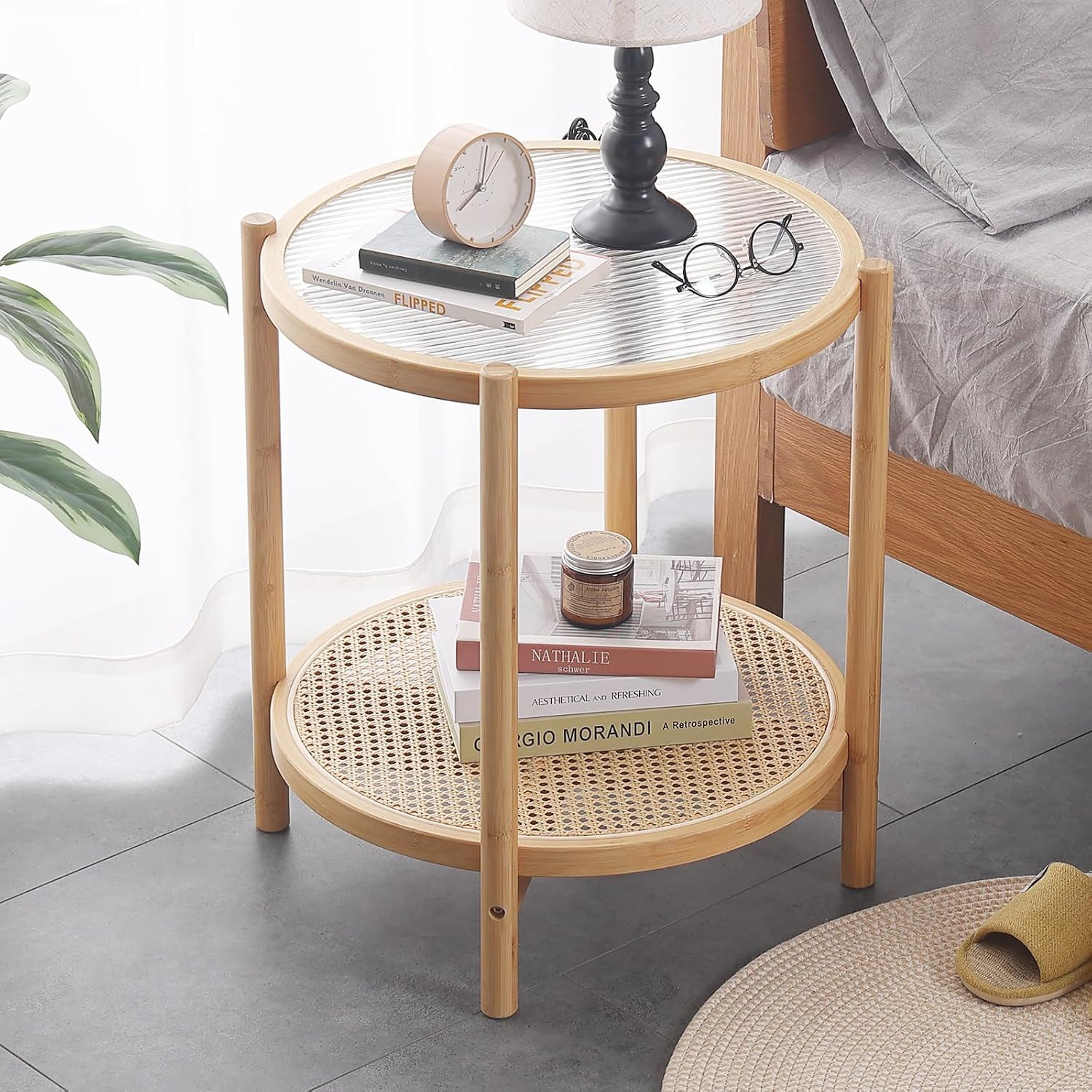 Rattan Side Table, Modern Round Bamboo End Table, Glass Top, Wood | Amazon (US)