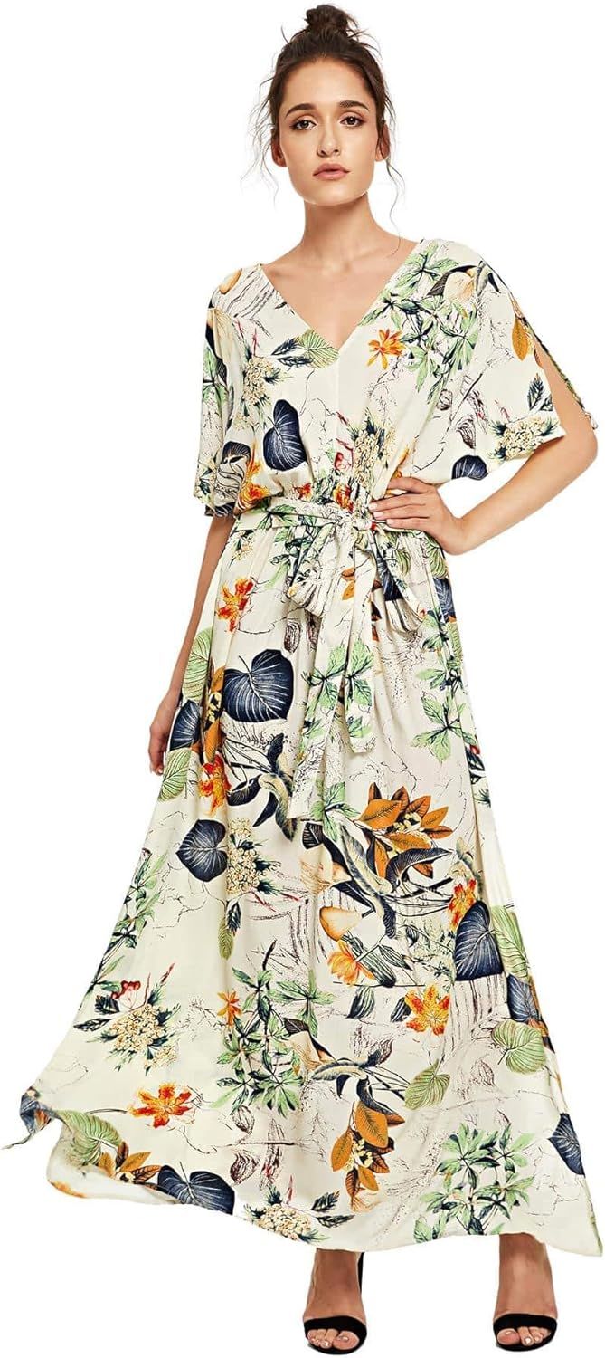 Milumia Women's Boho Tie Waist Split Vintage Floral Print Party Long Maxi Dress | Amazon (US)