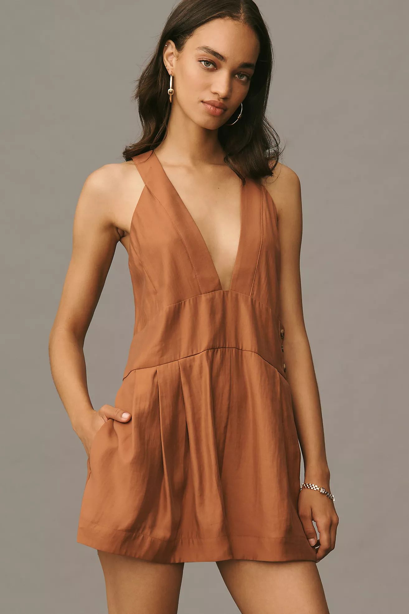 By Anthropologie Sleeveless V-Neck Pinafore Romper | Anthropologie (US)