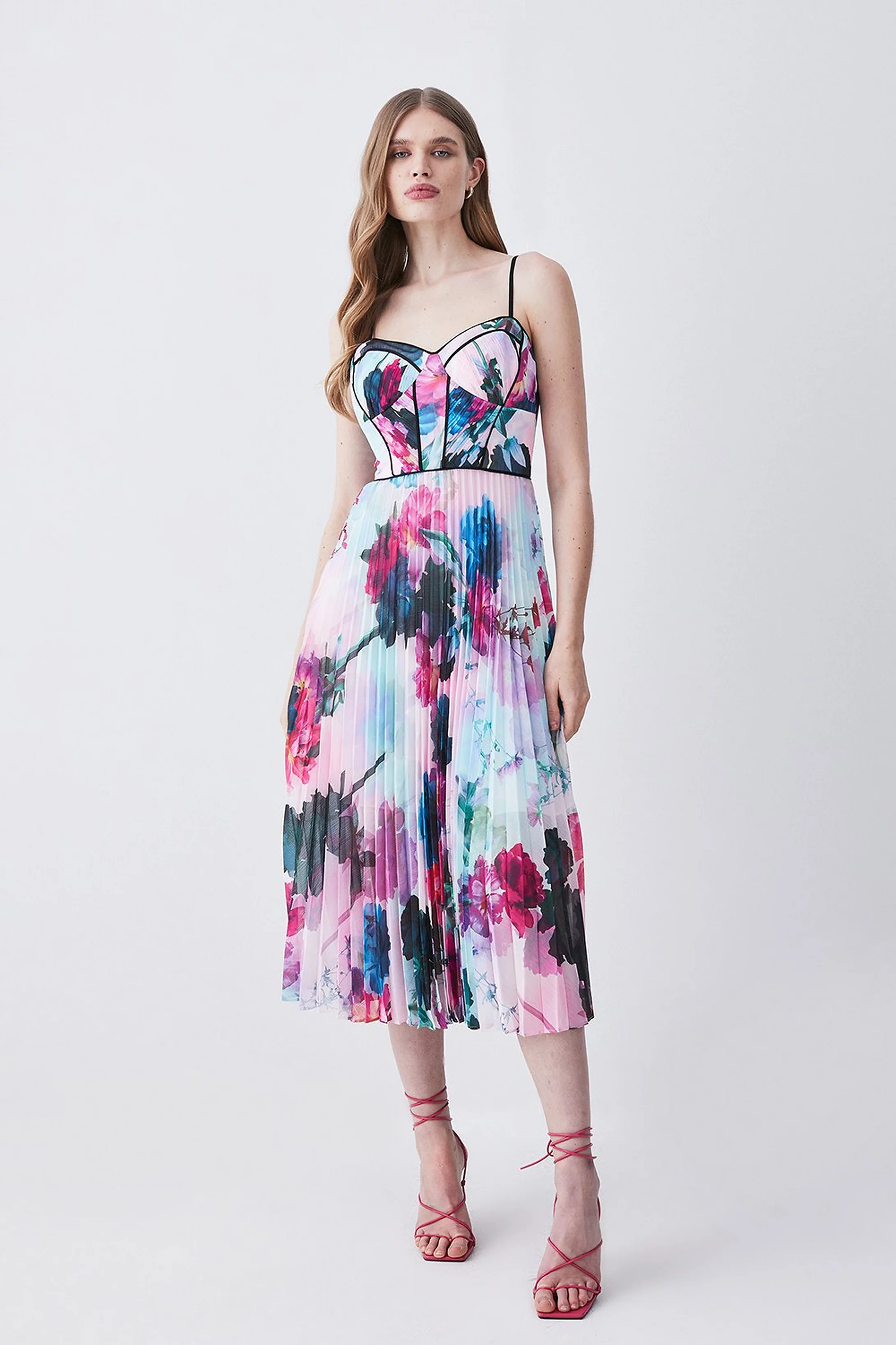 Floral Pleat Corset Detail Woven Strappy Midi Dress | Karen Millen US