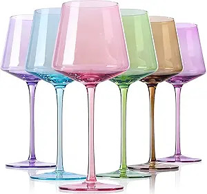Physkoa Colored Wine Glasses Set 6-16OZ Colorful Wine Glass With Tall Long Stem&Flat Bottom,Color... | Amazon (US)