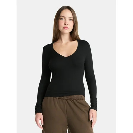No Boundaries V-Neck Ribbed Top with Long Sleeves Women’s | Walmart (US)
