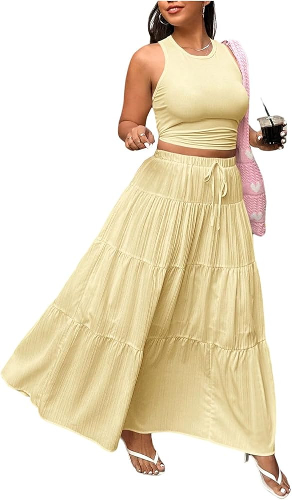 Verdusa Women's Plus Size 2 Piece Outfits Boho Flowly Ruched Crop Tank Top and Ruffle Maxi Skirt ... | Amazon (US)