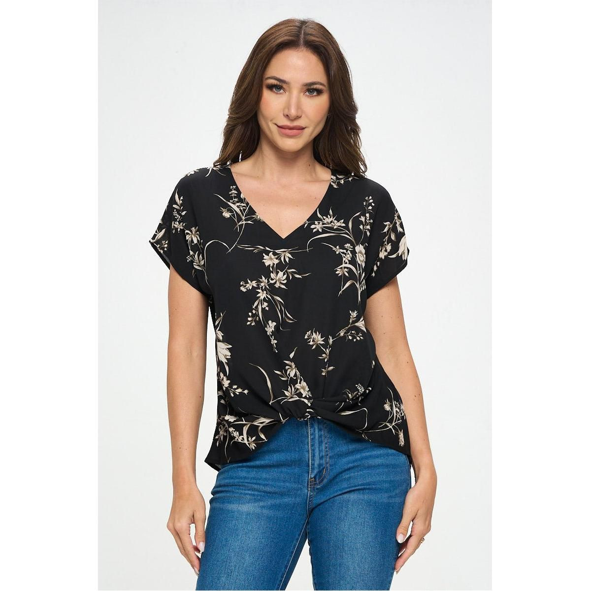 WEST K Women's Leah V Neck Short Dolman Sleeve Front Knob Blouse - Xlarge - Black/Tan Floral | Target