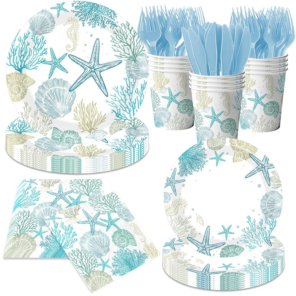 Ocean Seashell Beach Plates and Napkin Coastal Beach Party Supplies Blue Starfish Seashell Coral ... | Amazon (US)