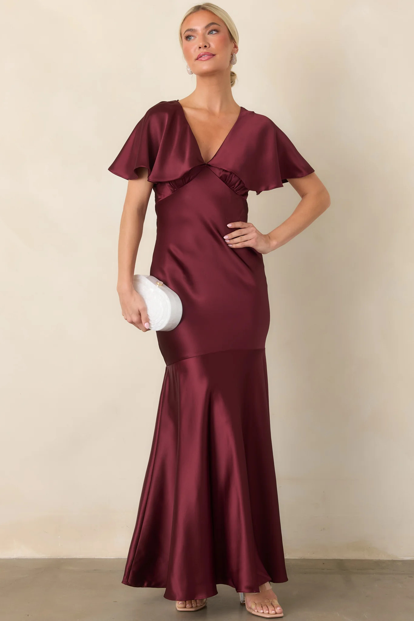 ASTR the Label Jamie Wine Satin Flutter Sleeve Maxi Dress | Red Dress