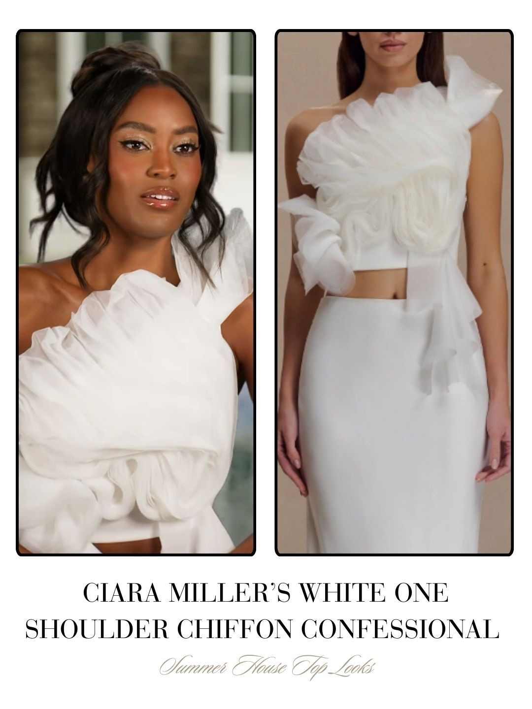 Ciara Miller’s White One Shoulder Chiffon Confessional Top 