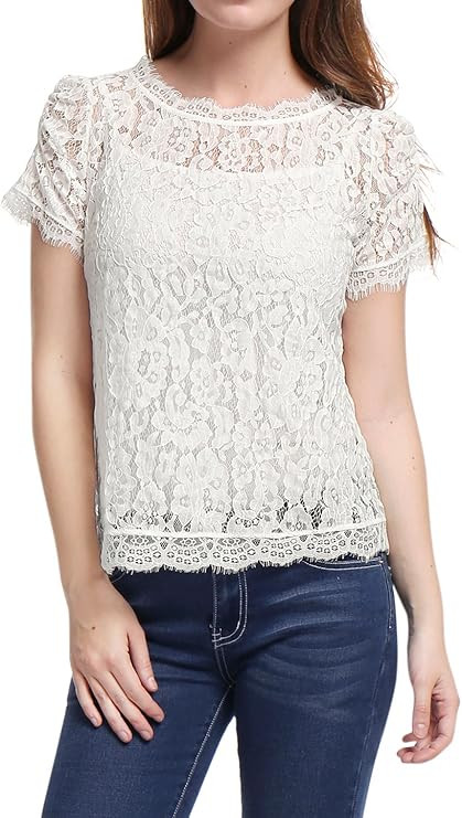 Allegra K Women's Lace Floral Scalloped Trim Short Sleeve Semi Sheer Top | Amazon (US)