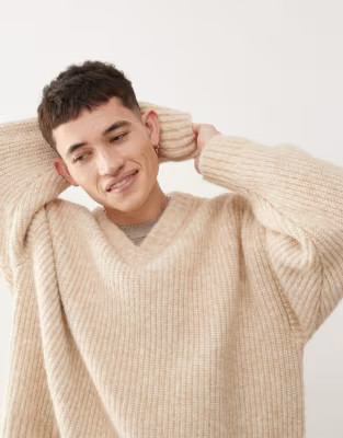 Weekday Riley wool blend chunky knit v neck jumper in beige melange | ASOS (Global)