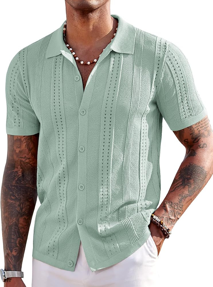 COOFANDY Men's Knit Shirts Short Sleeve Button Down Polo Shirt Fashion Casual Summer Beach Shirts | Amazon (US)