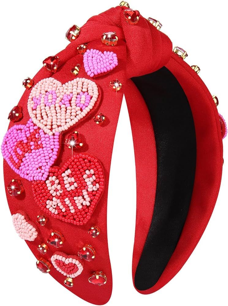 Valentine's Day Headbands for Women Rhinestone Beaded Heart Headband Pink Red Heart Crystal Knott... | Amazon (US)