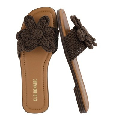 CUSHIONAIRE Gemma Knit Flat Slides for Women, Square Toe Sandals with Woven Flower Detail and Memory Foam, Brown 6 | Target